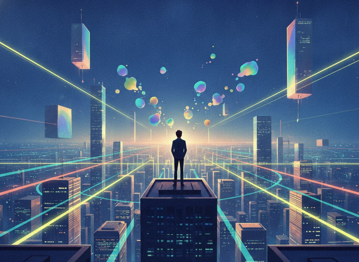 Un emprendedor mirando una ciudad luminosa del futuro